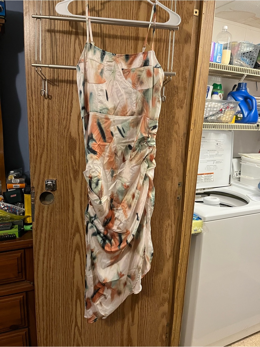 SHEIN Peach, Green and Black Ruched Slip Midi Dress